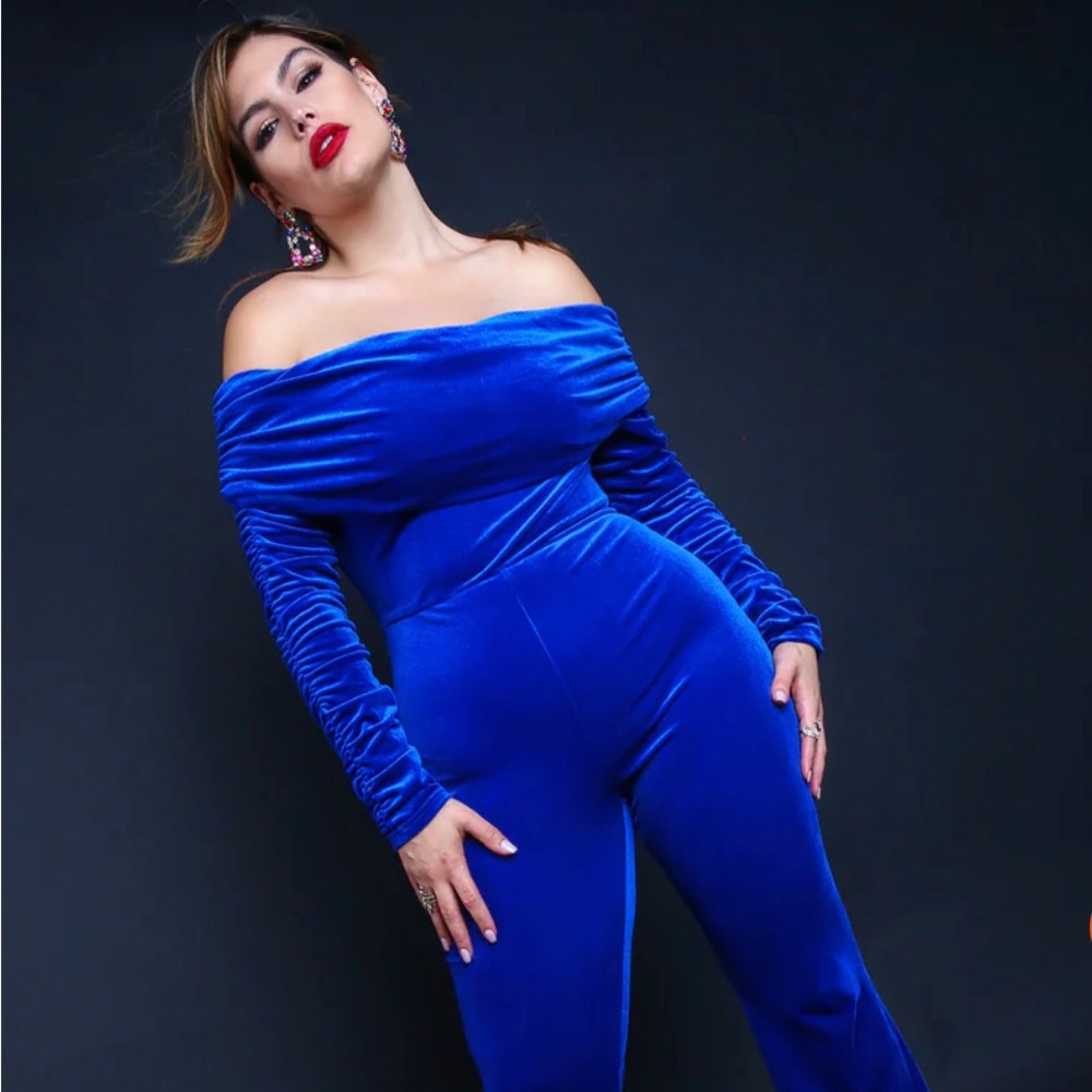 Rebdolls MAIN CHARACTER OVER THE SHOULDER WIDE LEG JUMPSUIT ROYAL BLUE Velvet